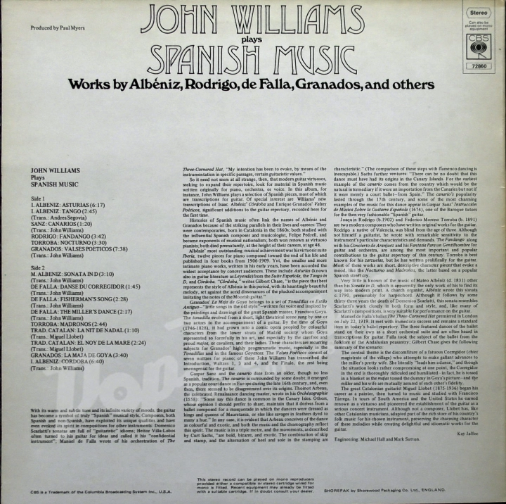 John Williams Plays Spanish Music Albeniz, Rodrigo, De Falla, Granados, And Others CBS 72860 Winyl Muzyka Klasyczna