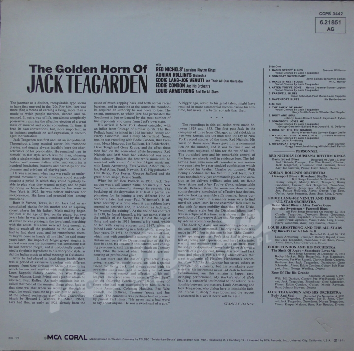 Jack Teagarden The Golden Horn Of Jack Teagarden COPS 3442 Jazz_Виниловые_Пластинки_Джаз