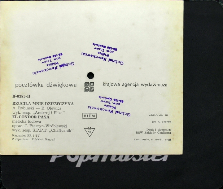 Andrzej I Eliza - Rzuciła Mnie Dziewczyna, Zesp. S.P.P.T. Chałturnik - El Condor Pasa  Tonpress ‎– R-0385-II  Flexi-disc, 7", 45 RPM, Single Sided, Card Backed, Picture Disc, Mono 