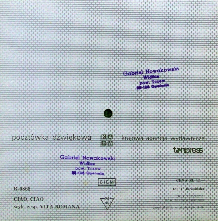 Vita Romana ‎– Ciao, Ciao Tonpress ‎– R-0868 Flexi-disc, 7", 45 RPM, Single