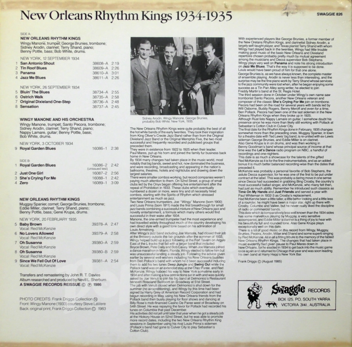 New Orleans Rhythm Kings 1934-1935 Feat. Joe Wingy Manone SWAGGIE 826 Jazz Пластинка