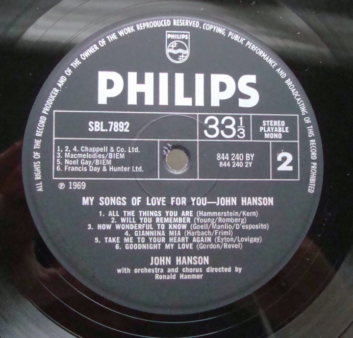 John Hanson - My Songs Of Love For You SBL.7892 Easy Listening