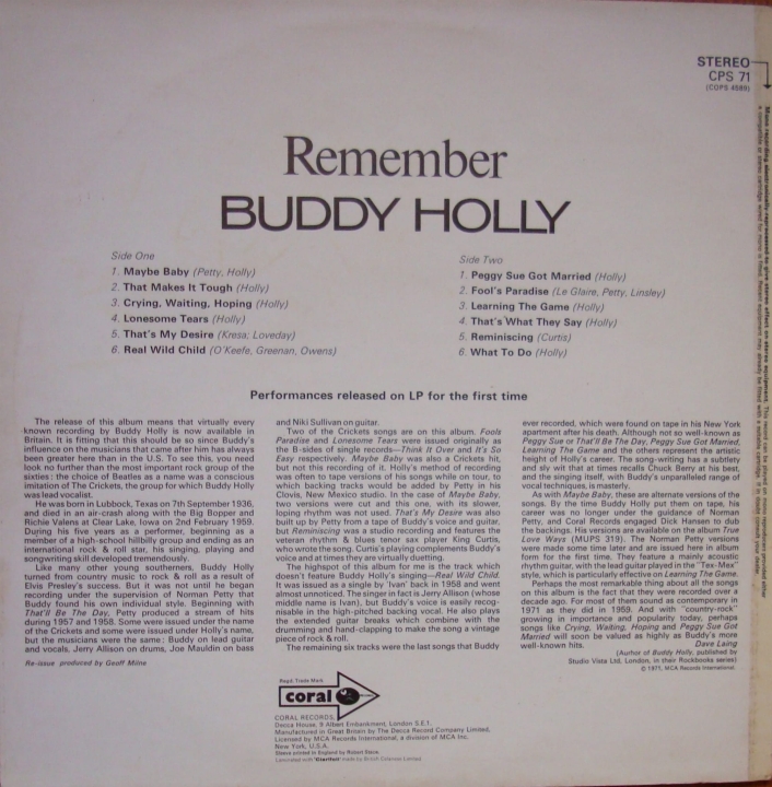 Buddy Holly ‎– Remember CPS 71 Vinyl