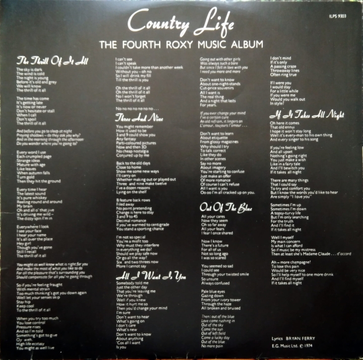 Roxy Music ‎– Country Life Island Records ‎– ILPS 9303
