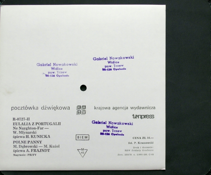 Halina Kunicka - Eulalia Z Portugali, Andrzej Frajndt - Polne Panny  Tonpress ‎– R-0727-II  Flexi-disc, 7", 45 RPM, Single Sided, Card Backed, Picture Disc, Mono 