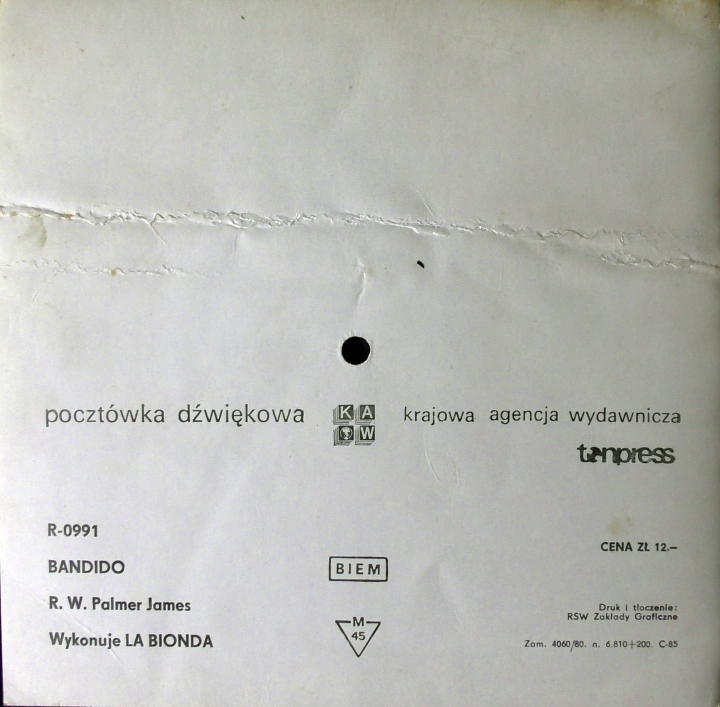 La Binda - Bandido Tonpress ‎– R-0991 Flexi-disc, 7", 45 RPM, Single Sided, Card Backed, Picture Disc, Mono 