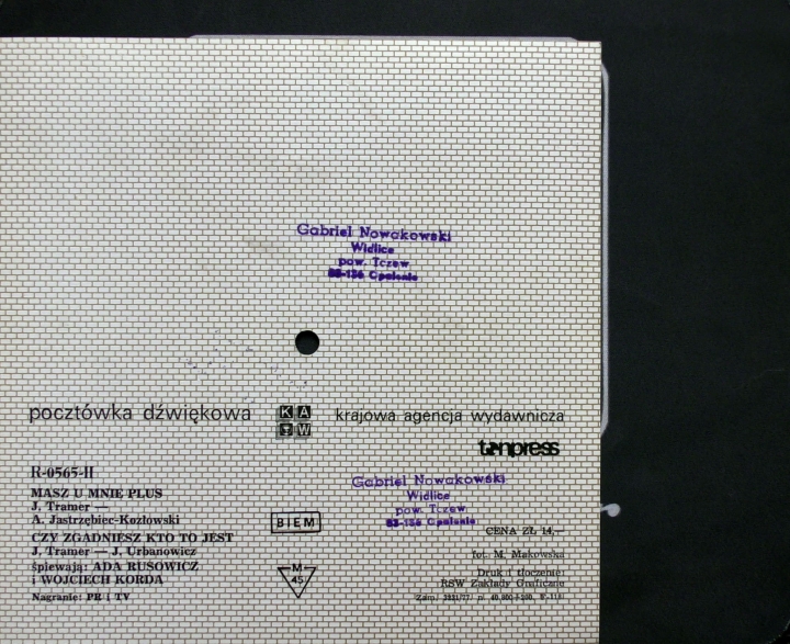 Ada Rudowicz I Wojciech Korda ‎– Masz U Mnie Plus, Czy Zgadniesz Kto To Jest  Tonpress ‎– R-0565-II   Flexi-disc, 7", 45 RPM, Single Sided, Card Backed, Picture Disc, Mono 