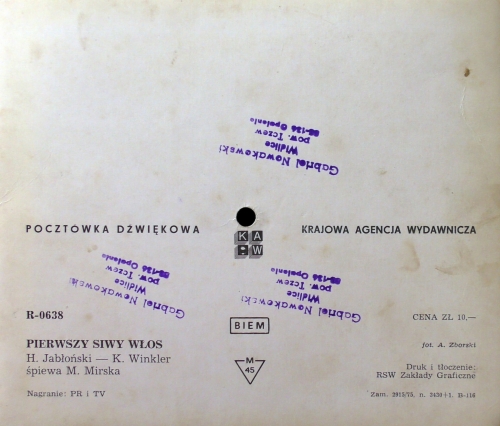 M. Mirska ‎– Pierwszy Siwy Włos Krajowa Agencja Wydawnicza ‎– R-0638 Flexi-disc, 6", 45 RPM, Single Sided, Card Backed, Picture Disc, Mono