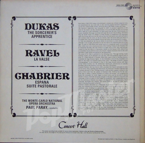 Dukas LApprenti Sorcier, Ravel La Valse Chabrier Espana-Suite Pastorale Orchestre National De lopera De Monte-Carlo, Paul Paray SMSA 2663