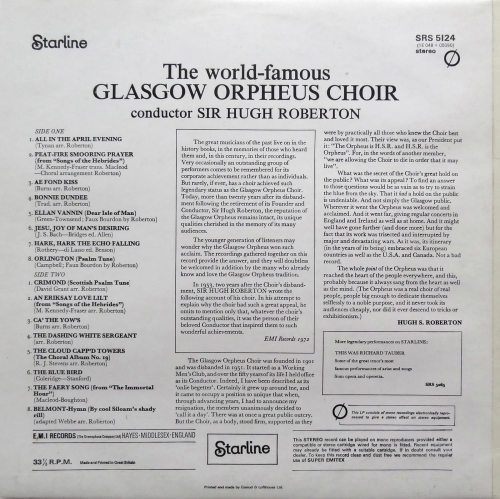 Registros de vinil, The Glasgow Orpheus Choir , conductor Sir Hugh Roberton ‎– Favourite Songs Starline ‎– SRS 5124 Vinyl, LP, Album, Compilation