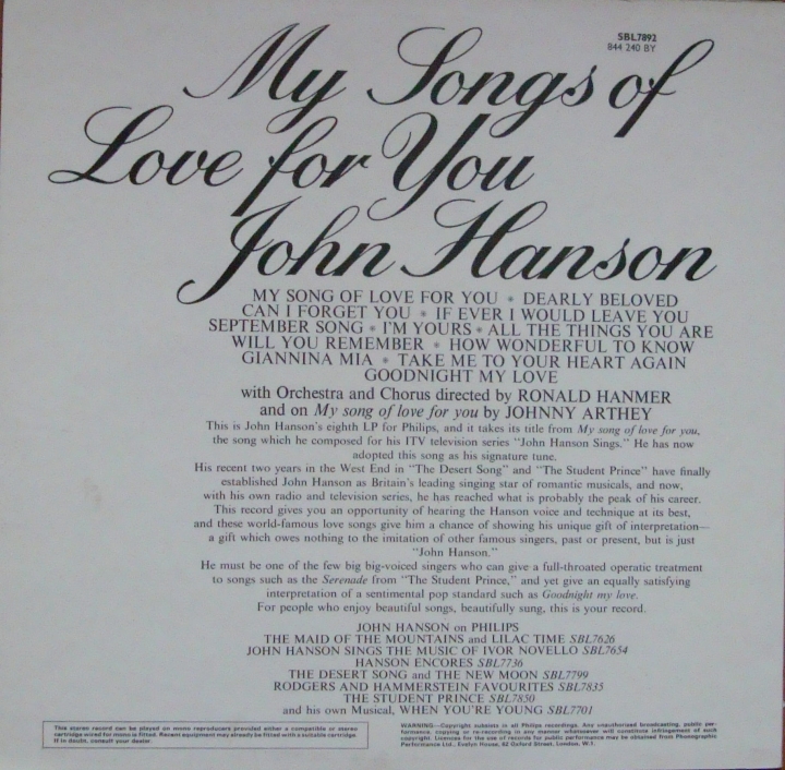 John Hanson - My Songs Of Love For You SBL.7892 Easy Listening