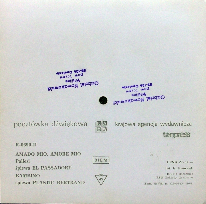 El Passadore / Plastic Bertrand ‎– Amado Mio, Amore Mio / Bambino Tonpress ‎– R-0690-II Flexi-disc, 7", 45 RPM, Card Backed, Picture Disc, Mono