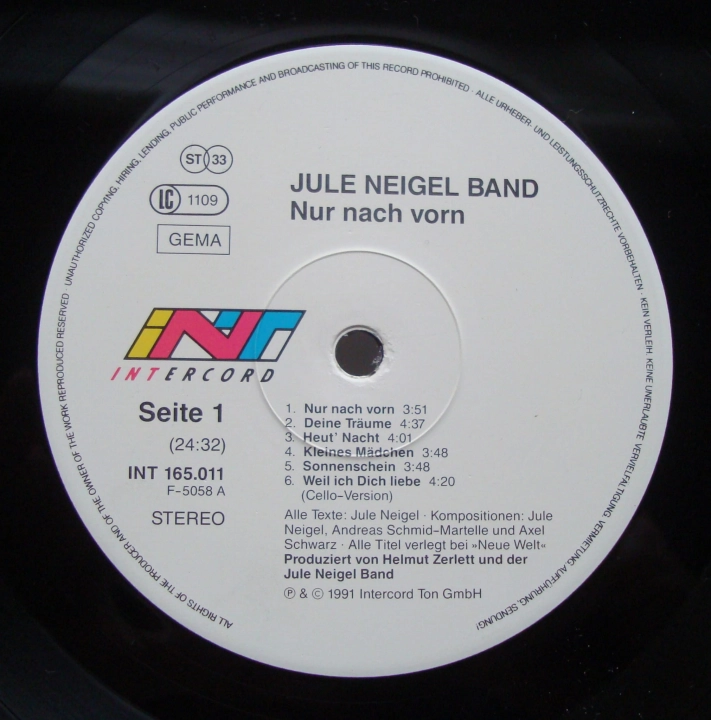Jule Neigel Band ‎– Nur Nach Vorn INT 165.011 Rock,Pop 