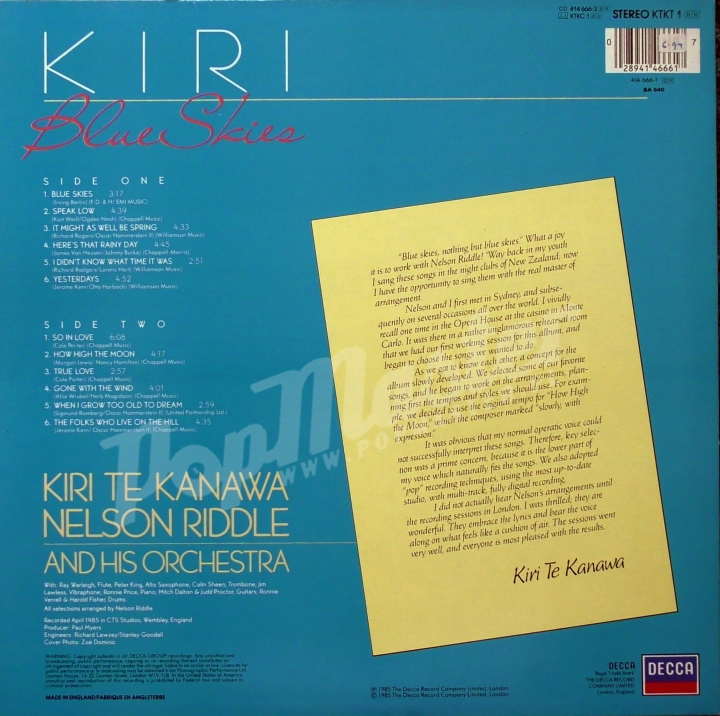 Kiri Te Kanawa & Nelson Riddle And His Orchestra  Blue Skies Decca  KTKT 1 Виниловые Пластинки Лёгкая музыка  