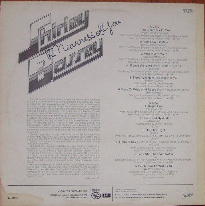 Shirley Bassey ‎– The Nearness Of You MFP 50207 Jazz,Easy Listening 