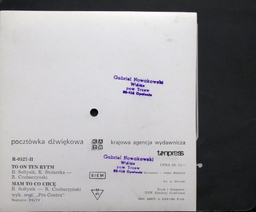 R. Czubański -To On Ten Rytm, Pro Contra - Mam To Co Chcę  Tonpress ‎– R-0644-II  Flexi-disc, 7", 45 RPM, Single Sided, Card Backed, Picture Disc, Mono 