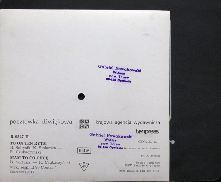 R. Czubański -To On Ten Rytm, Pro Contra - Mam To Co Chcę  Tonpress ‎– R-0644-II  Flexi-disc, 7", 45 RPM, Single Sided, Card Backed, Picture Disc, Mono 