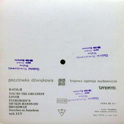 LUV ‎– You're The Greatest Lover  Tonpress ‎– R-0735-II  Flexi-disc, 7", 45 RPM, Single Sided, Card Backed, Picture Disc 